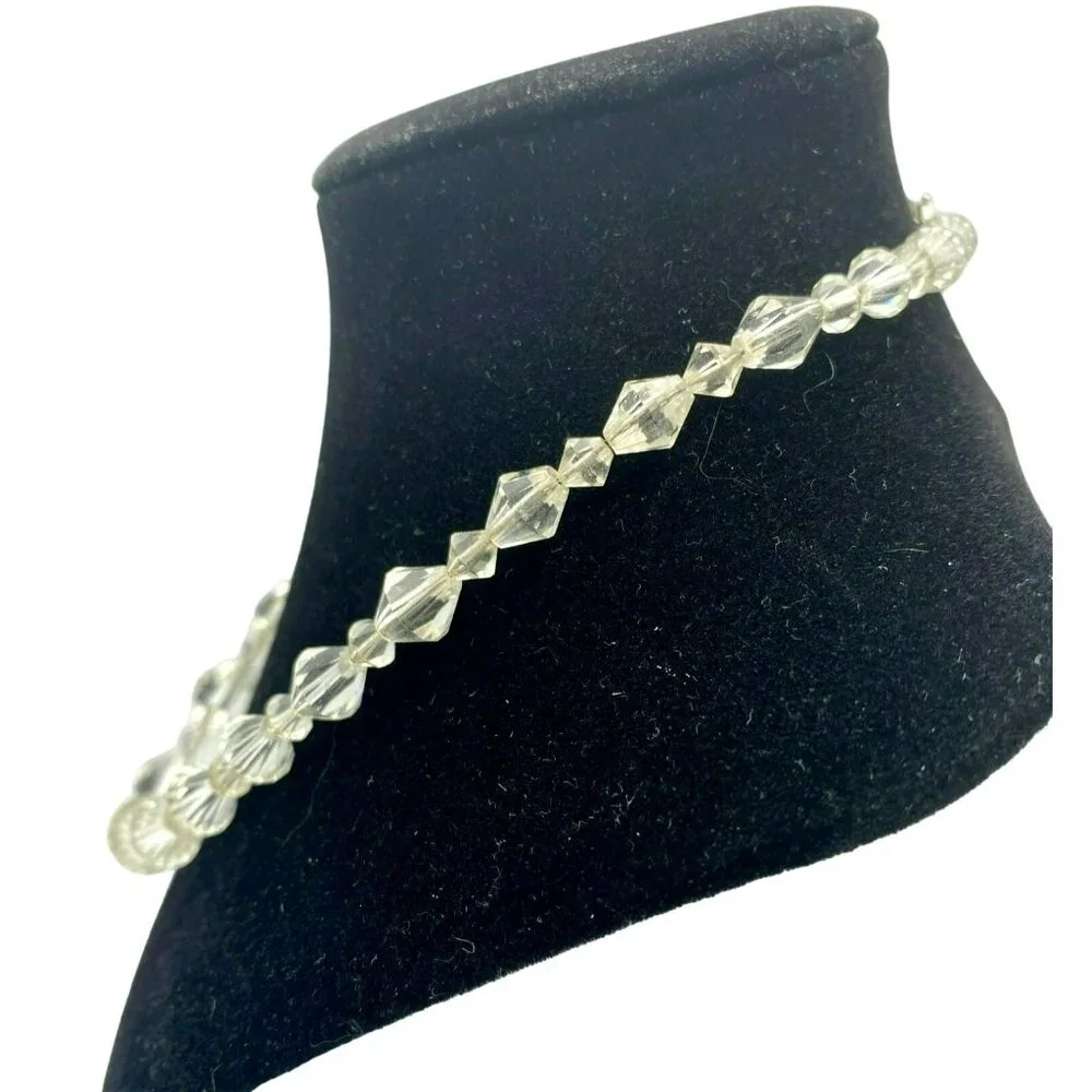 Vintage Faceted Crystal Art Deco Sterling Silver Graduated Bead Necklace 16" - Picture 3 of 9